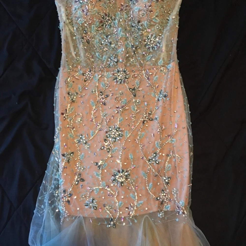 Nude and blue sleeveless prom dress